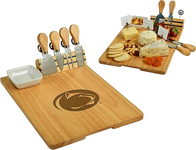 NCAA Penn State Officially Licensed Nittany Lions Bamboo Cheese/Charcuterie Board with Ceramic Bowl, Knife Set & cheese Markers