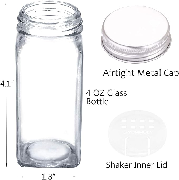 SWOMMOLY 42 Glass Spice Jars with 703 Spice Labels, Chalk Marker and Funnel Complete Set. 42 Square Glass Jars 4oz, Airtight Cap, Pour/sift Shaker Lid