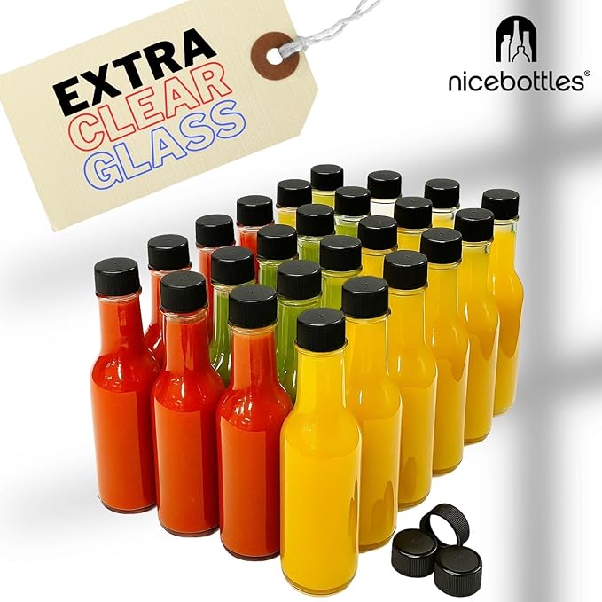 nicebottles Hot Sauce Bottles with Black Caps & Shrink Bands, 5 Oz - 24 Pack