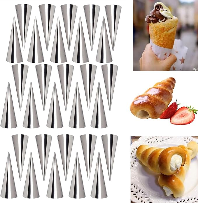 Joyeee 30 Pack Non-stick Large Cream Horn Molds - 5" Stainless Steel for DIY Cooking Danish Pastry, Lady Lock Form, Croissant Roller, Ice Cream Egg Roll