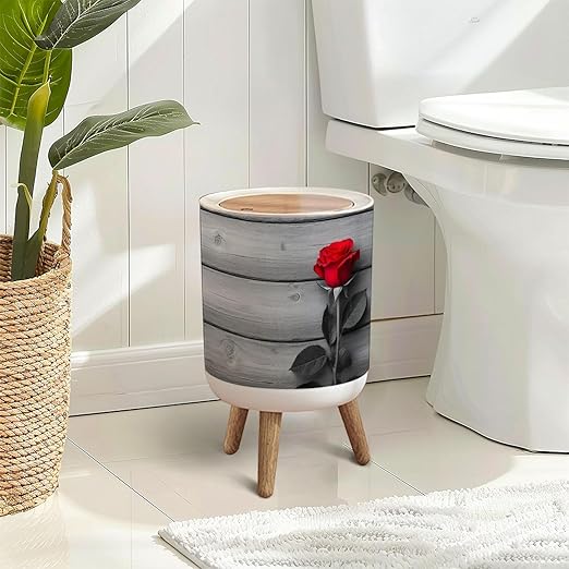 Trash Can with Lid Red Rose Black White Press Top Round Small Garbage Bin with Wooden Legs Waste Basket for Kitchen Bedroom Nursery 7L/1.8 Gallon