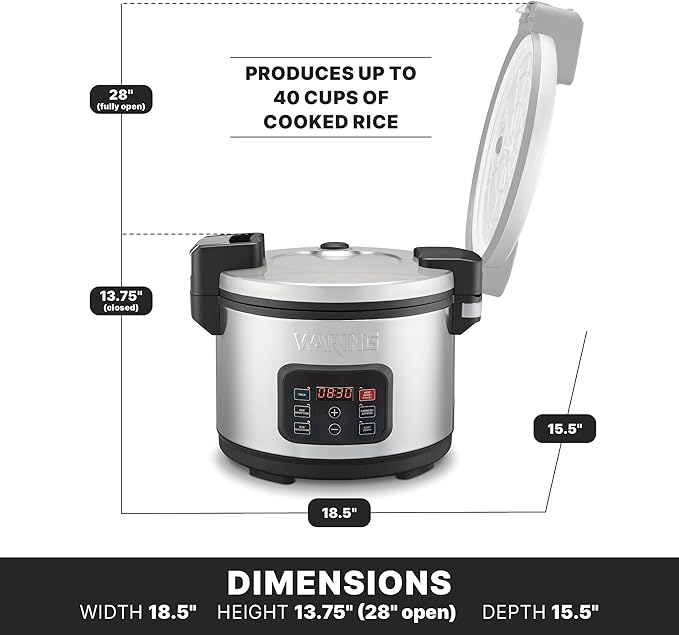 Waring Commercial 40 Cup (20 Cup Uncooked) Rice Cooker with Countdown Timer, Includes Paddle, Rice Cup, and Silicone Anti-Scratch Pad. Also Great for Porridge, Oatmeal, Soup or Broth, WRC40