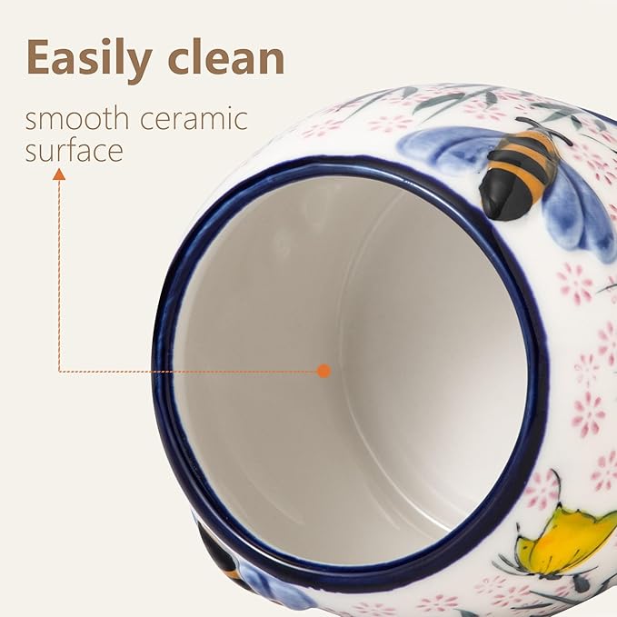 ZOOBEE 10oz Ceramic Honey Pot with Dipper and Lid, Handpainted Honey Dispenser with Bee-Themed, Dishwasher-safe Honey Jar for Kitchen-Lavender Allure