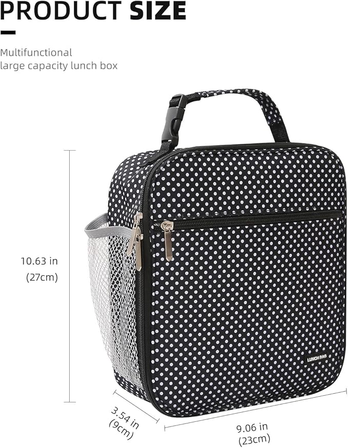 Lovoeo Lunch box Lunch bag for men women Insulated Lunchbox Lunch bags for Work Picnic Travel (Black polka dot)