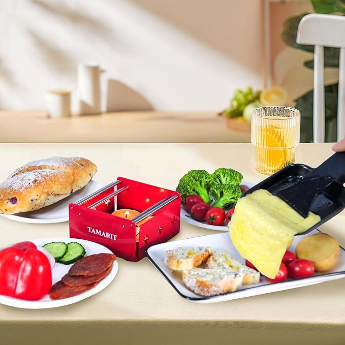 TAMARIT Personal Raclette Grill- Portable Candlelight Raclette Cheese Melter with Non-Stick Pan & Spatula - Small Raclette Machine for One Person, Picnic, Camping & Home, Red