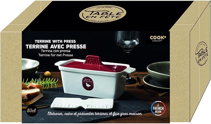 Saveur et Degustation KC2301 Foie Gras Terrine with Press, Ceramic, Red/White, 25.5 x 11 x 27 cm