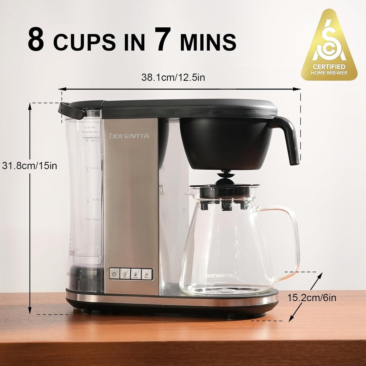 Bonavita Enthusiast 8 Cup Drip Coffee Brewer, Pour Over, SCA Certified Coffee Machine with Glass Carafe, Stainless Steel Panel, Removable Reservoir
