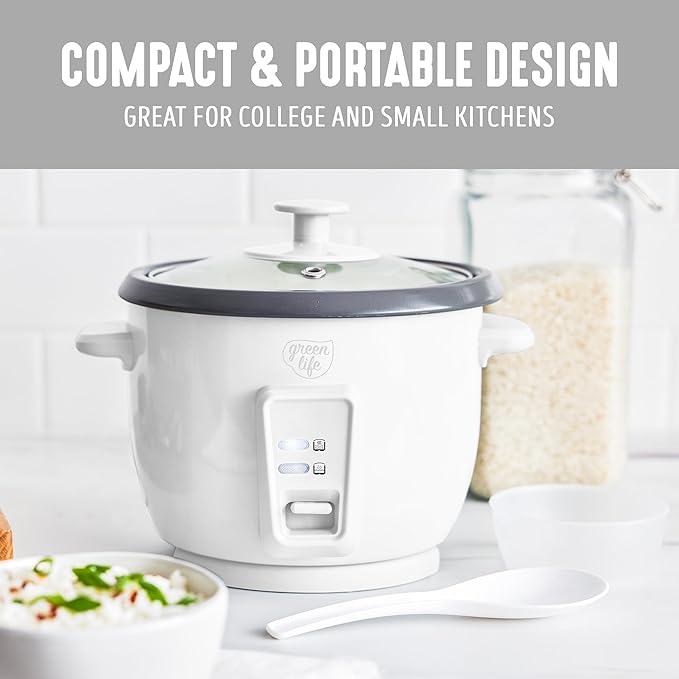 GreenLife Rice Cooker with Removable PFAS-Free Ceramic Nonstick Pot, 3-Cups Uncooked/6-Cups Cooked, Grains & Oatmeal Multicooker, Compact One-Switch Design, Auto Keep Warm, Easy Clean, White