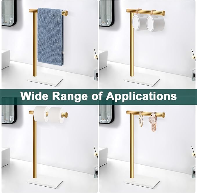 Hand Towel Holder, Hand Towel Stand for Bathroom with Marble Base, 304 Stainless Steel L Shape Hand Towel Rack Bar Standing for Vanity Kitchen Countertop, Brushed Gold