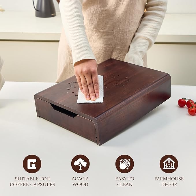 Solid Acacia Wood Coffee Pod Organizer with Walnut Finish, 35-Capacity Coffee Drawer with Removable Dividers, Child-Safe Rounded Edges for Countertop