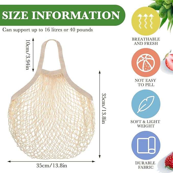 Woanger 24 Pcs Reusable Cotton Mesh Produce Shopping Bags Washable Grocery Net Portable Fruit and Vegetable Cotton String Bags Long Handle Net Tote Organizer(Short Handle)