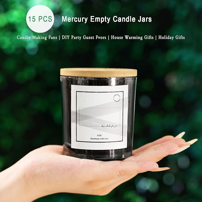 LAMORGIFT 15 Pack Dark Gray Candle Jars With Lids - 8oz Mercury Glass Candle Making Containers - Includes 20 Pcs Labels