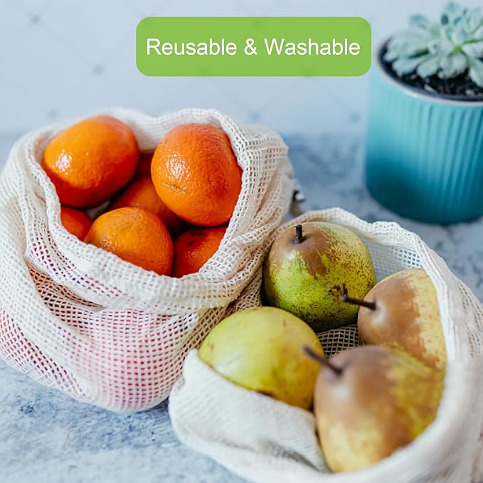 KerKoor Reusable Cotton Mesh Produce Bags - Produce Storage, Vegetable & Fruit Bags (6 Pack)