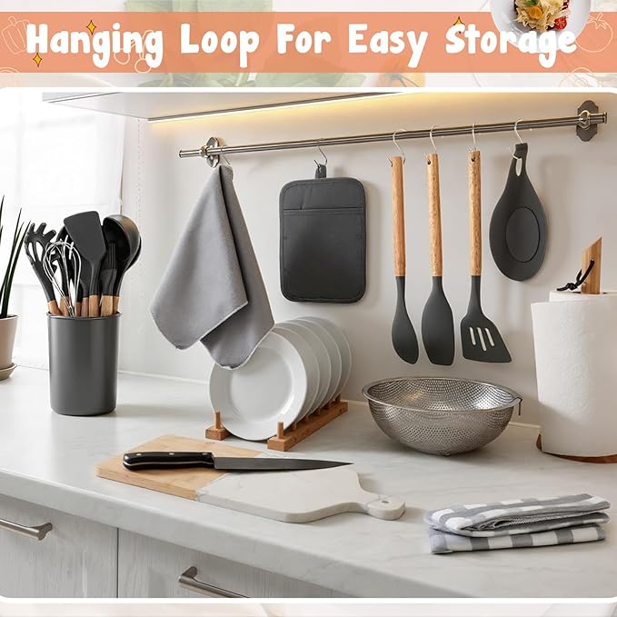 37 Pcs Oven Mitts and Pot Holders with Silicone Kitchen Utensils Set Silicone Cooking Utensils Set with Holder, Kitchen Towels, Heat Resistant Gloves for Christmas Baking Cooking(Dark Gray)