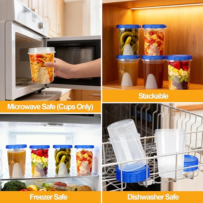 Palksky Freezer Storage Containers with Lids (12 Pack) - 30 oz Round Plastic Food Containers for Meal Prep, Soup, Deli & Leftovers