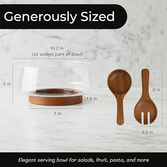 Large Glass Salad Bowl Set with Acacia Wood Base & Salad Servers – Elegant Serving Bowl for Salads, Pasta, Fruit & Snacks – Easy-Clean Modern Serveware, Perfect for Hosting & Housewarming Gifts
