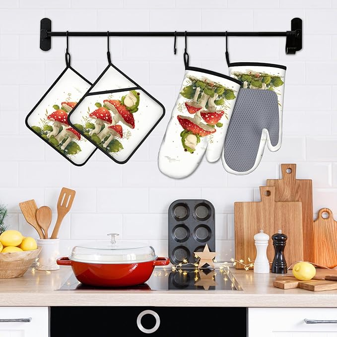 Frog Mushroom Oven Mitts and Pot Holders Sets 4Pcs Silicone Non-Slip Mitts Heat Resistant Gloves Hot Pads for Kitchen Cooking Baking Grilling BBQ