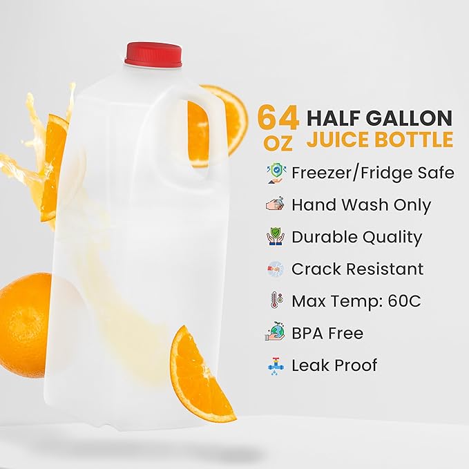 KitchenDine Plastic Milk Bottles, 64 Oz HDPE Material, Juice Bottles with Red Tamper-Evident Caps, Set of 6, Clear bottle with Red cover (6)