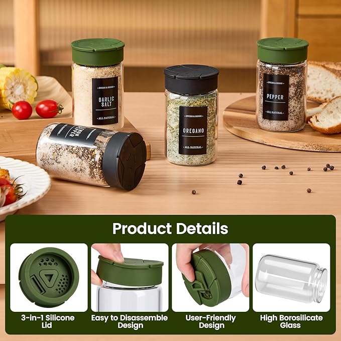 12 pcs Glass Spice Jars With Labels,6oz Glass seasoning Containers with Silicone Lids,Small Spice Storage Bottles for Kitchen Organizer,Seasoning Jars for Spice Rack,Cabinet,or Drawer