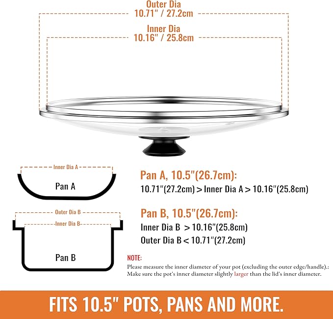 Tempered Glass Lids for Pots and Pans, Cast Iron Skillet Lid 10.5 Inch, Round Frying Pan Lid, Replacement Pan Cover, Crock Pot Lid with Stainless Steel Rim, Dishwasher Safe, Cookware Pot Covers