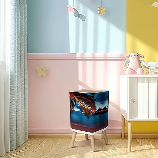 Small Trash Can with Lid Christmas Caribbean Beach Wastebasket with Press Cover Dog Proof Garbage Can Waste Bin for Kitchen Bathroom Nursery 2.6 Gallon