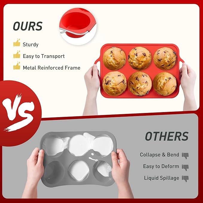 Socisen 2 Packs 6 Cups Silicone Muffin Pan with Metal Reinforced Frame Jumbo Size Cupcake Pan Tray Egg Bites Cookie Molds Muffin Tin Tart Pans Moldes De Silicona Para Gelatina Hornear Flan Chocoflan