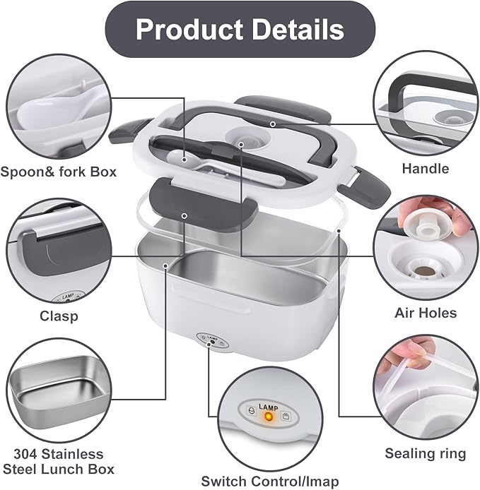 Herrfilk Electric Lunch Box Food Heater, 3 in 1 Ultra Quick Heated Lunch Boxes for Adults, 12V/24V/110V Portable Food Warmer for Car/Truck/Office With Fork Spoon and Insulated Carry Bag