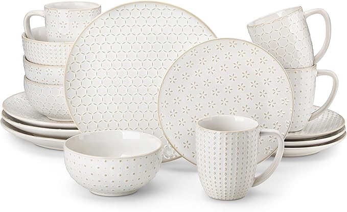 MALACASA 16 Pieces Dinnerware Sets, Modern Relief Design Plates and Bowls Sets, White Dish Set for 4, Kitchen Ceramic Dinner Plates Dishware Set, Microwave and Dishwasher Safe, Series LYDIA