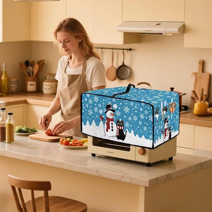Microwave Oven Cover Air Fryer Toaster Oven Dust Cover, Stain-resistant Small Electric Appliance Protector, S, Snowman Black Cat Snowflake Blue Christmas Decorations