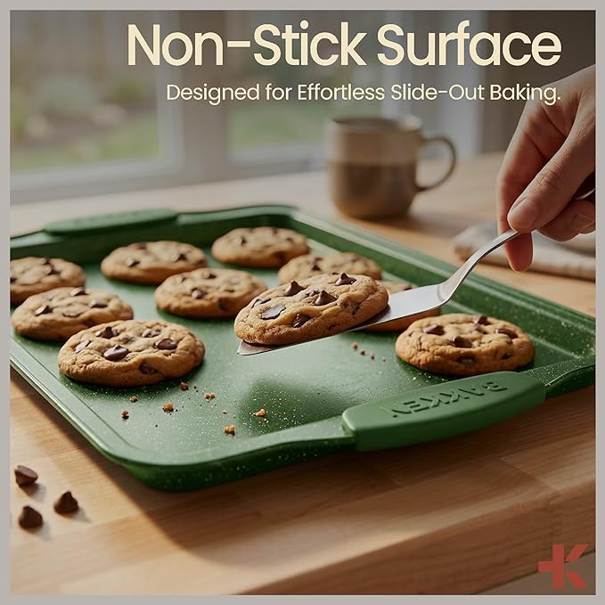BAKKEN Kitchen Baking Pan Set - Nonstick Green Marble Coating, Carbon Steel Bakeware Sets with Green Silicone Handles, Kitchen Essentials, PFOA, PFOS, PTFE Free, Oven Safe (Up To 450° F), Set of 8