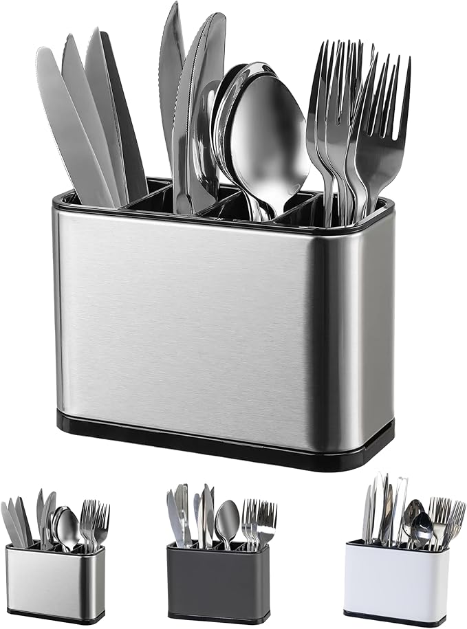 LIBODOUR Utensil Holder,Stainless Steel Caddy Counter,Spoon holder,4 Compartments Silverware Caddy,Capacity Flatware Spoon Fork Tool Cutlery Holder（Silvery）