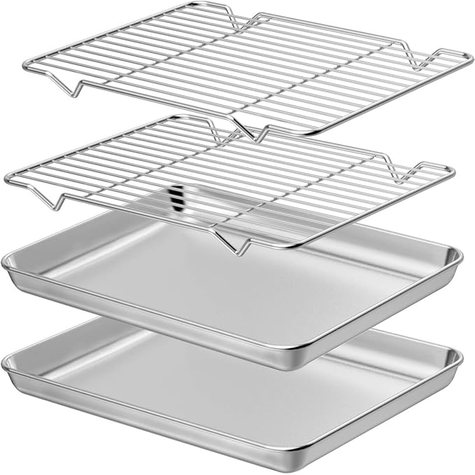 Wildone Baking Sheet with Rack Set [2 Sheets + 2 Racks], Stainless Steel Cookie Pan baking Tray with Cooling Rack, Size 10 x 8 x 1 Inch, Non Toxic & Heavy Duty & Easy Clean