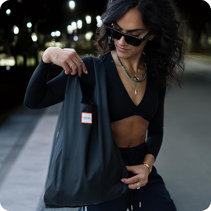 Urban Market Bags - Onyx - 3 Foldable Reusable Shopping Bags in 1 Compact Pouch, Luxury Quality, Recycled Fabric, Holds 50+ lbs, Machine Washable, Pouch Fits in Cupholder, Designed in California