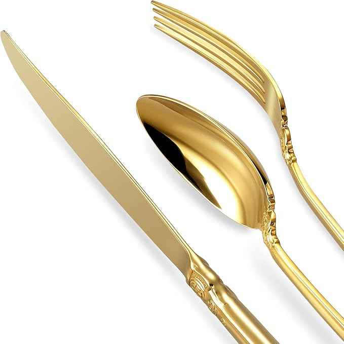 KEAWELL Luxury 45-Piece Flatware Set, 18/10 Stainless Steel Tableware, Service for 8, Antique Baroque Gold-Plated Silverware Set (Gold)