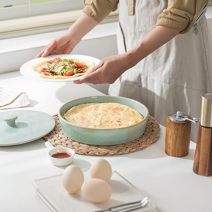 2 Pcs Tortilla Warmer, 9 inch Ceramic Tortilla Holder with Lids, Embossed Taco Holder Oven Microwave Safe, Green Pancakes Warmer for Taco, Pancakes, Waffles, Keep Tortillas Warm