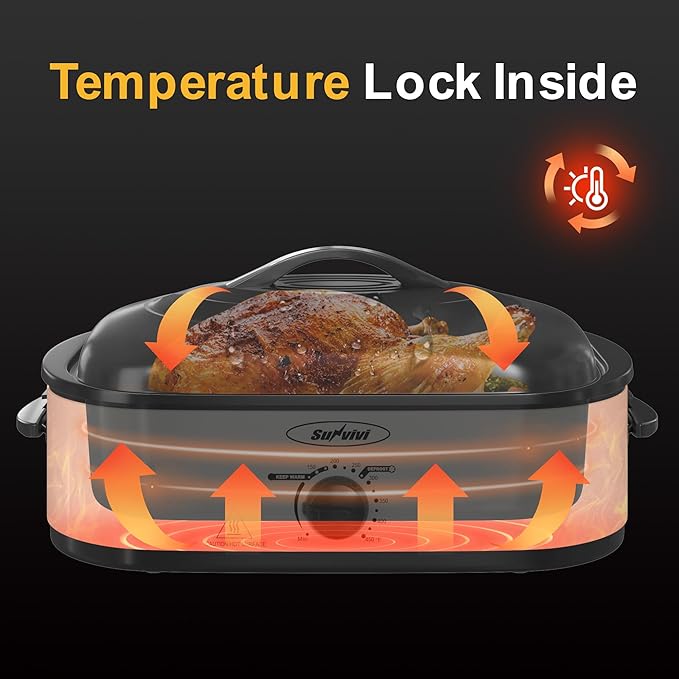 14 Quart Roaster Oven with Self-Basting Lid, with Removable Roasting Rack, Turkey Defrost & Warm Function, Adjustable Temperature, Stainless Steel, Black
