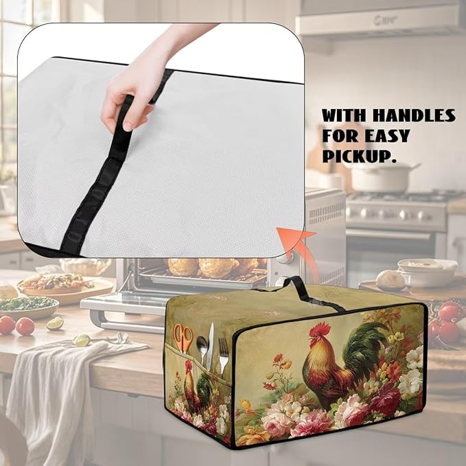 Air Fryer Toaster Oven Dust Cover Dust Protection Countertop Convection Oven Cover Stain-resistant Kitchen Appliance Protector, S, Chicken Rooster Vintage Floral
