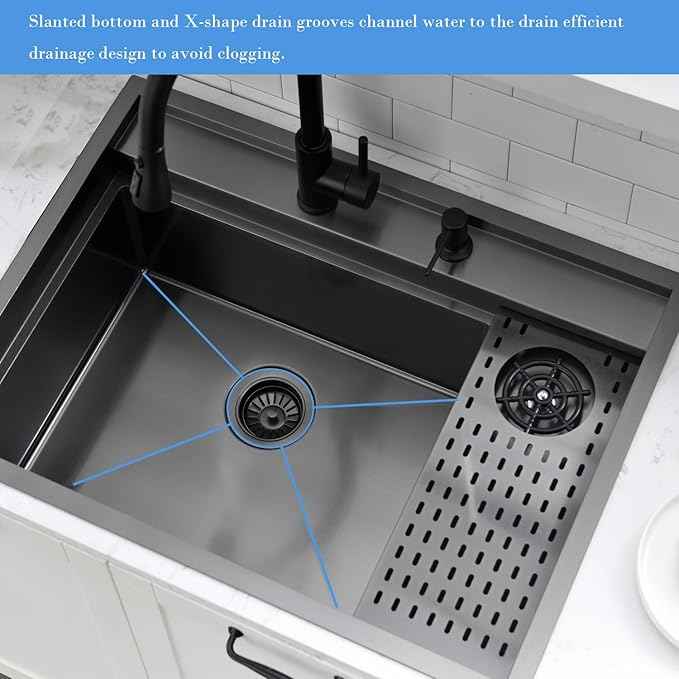 30 Inch Black Drop In Kitchen Sink Workstation with Glass Rinser -VOKIM 30x22 Drop In sink Workstation Stainless Steel 16 Gauge Deep Single Bowl Kitchen Sink