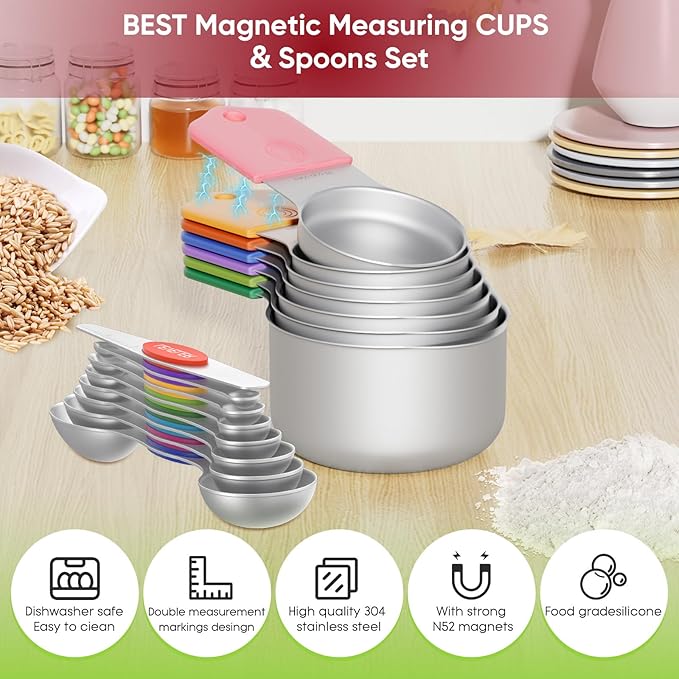 Magnetic Measuring Cups & Spoons Set|304 Stainless Steel Dual Scale Set of 23, Strong N52 Magnetic Nesting Design with Leveler, for Dry&Liquid Ingredients, Dishwasher Safe(Colorful)