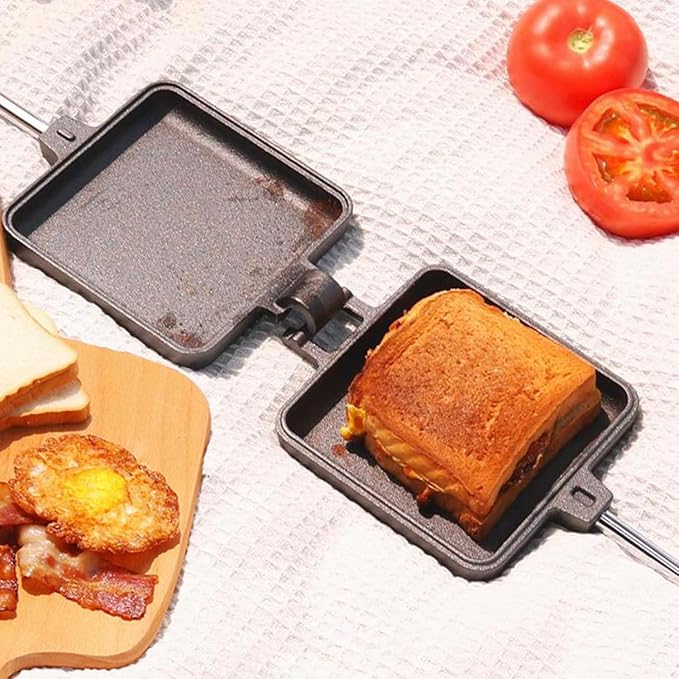 Campfire Pie Iron 4.9" Large Cast Iron Sandwich Maker for Camping 2 Pcs with Storage Bag - 21.7 inch Adjustable Handles - Campfire Cooking Equipment for Grilling & Outdoor Cooking