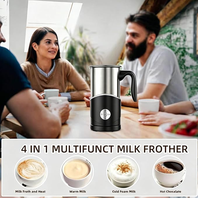 Electric Milk Frother, Stainless Steel Automatic Milk Steamer with 4 Functions, Ergonomic Handle, One-Button Operation for Hot Milk, Hot Chocolate, Hot and Cold Milk Foam