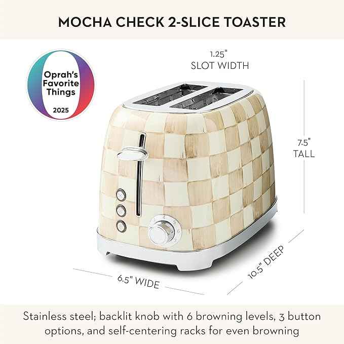 MACKENZIE-CHILDS 2-Slice Toaster, Decorative Toaster for Kitchen, Brown-and-White Mocha Check