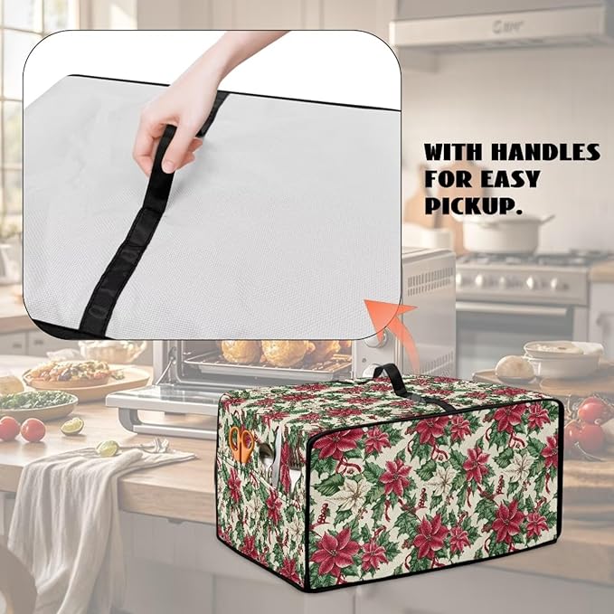 Air Fryer Toaster Oven Dust Cover Dustproof Convection Oven Cover with Side Pockets for Small Kitchen Appliances, S, 14.5 x 18.5 x 9 Inches, Poinsettia Flower Christmas Decor