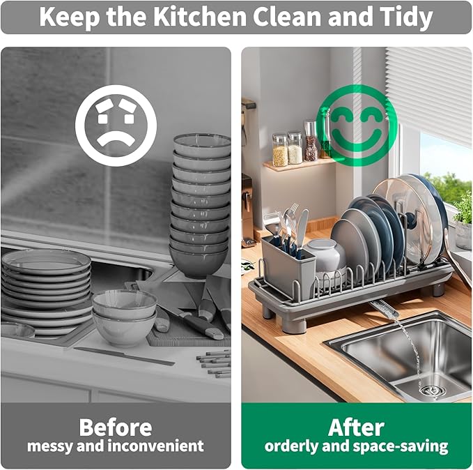 SanDream Small Dish Drying Rack with Removable Utensil Holder & Anti-Scratch Base - Stainless Steel Dish Rack, Dish Drying Rack with Drainage & Space Saving Design for Kitchen Counter, Gray