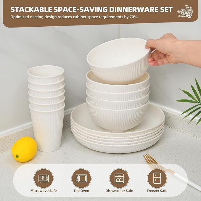 Wheat Straw Dinnerware Sets for 6 - Lightweight & Unbreakable Cups Plates and Bowls Sets Microwave 18 pcs Dinnerware Set for Kitchen, Travel & Camping Beige
