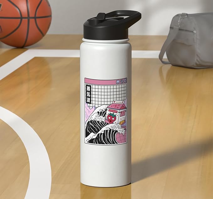 Strawberry Milk Carton Great Wave Kawaii Vaporwave Anime Stainless Steel Insulated Water Bottle