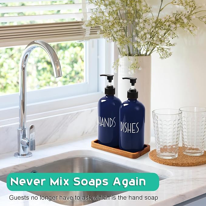 Navy Blue Dish Soap Dispenser for Kitchen - 16 OZ Hand Soap Dispenser Set with Acacia Wood Tray - Blue Kitchen Bathroom Home Decor and Accessories
