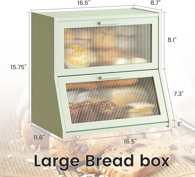 GHWIE Double Layer Bamboo Bread Box for Kitchen Counter,Large Capacity Bread Storage Bin,Bread Container with Acrylic Wavy Door Panel (Light Green, Extra Large)