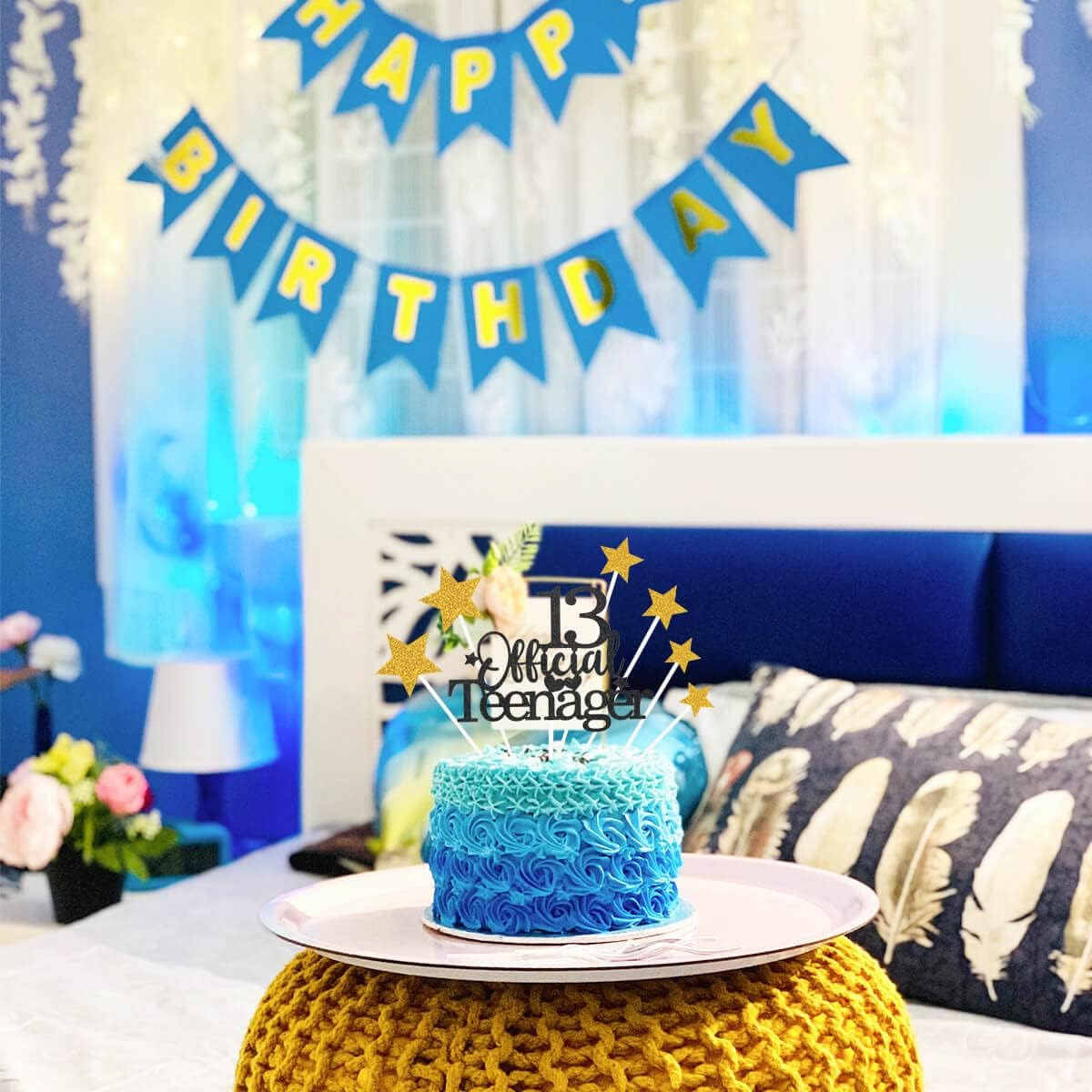 Glittery 13 Ofiicial Teenager Cake Topper with Star,13th Happy Birthday Cake Topper Party Decorations Party Supplies for Boys Girls Black Gold