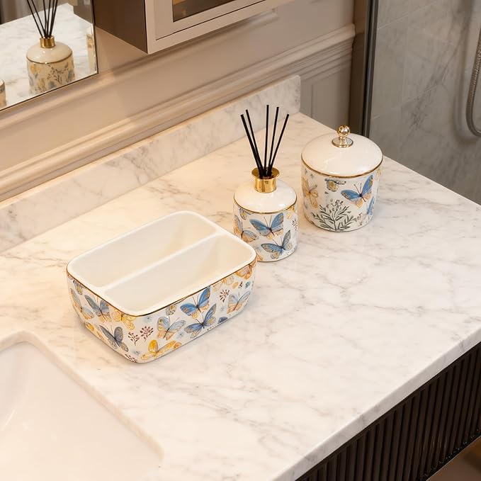 2 Compartments Ceramic Sponge Holder for Kitchen Sink, Cute Floral Pattern Countertop Dish Sponges Holder Soap Sink Organizer Caddy Farmhouse Home Kitchen Decor Butterfly